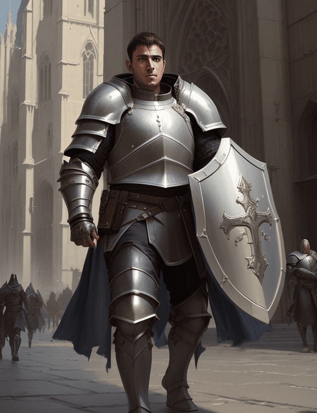AI generated: young male cleric with shield and heavy armor, in street in front of cathedral, with kind shaved fac...