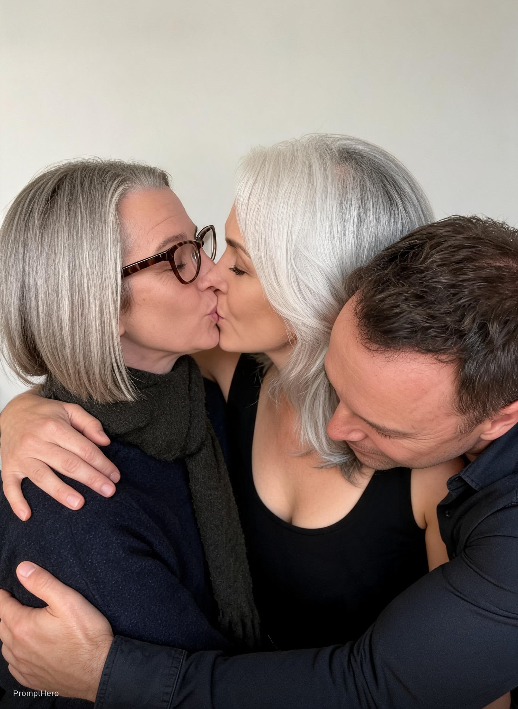 AI generated: Group hug using the images below, have the 2 woman kissing and the man nuzzling into the nape of one...