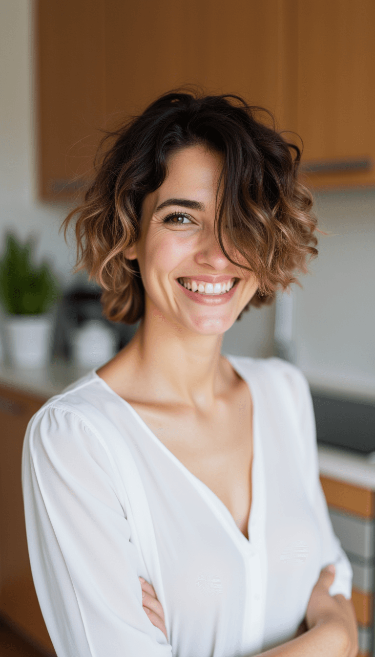 AI generated: 25 year old fit woman, short brunette hair, curly hair with light highlights, hair covering one eye,...