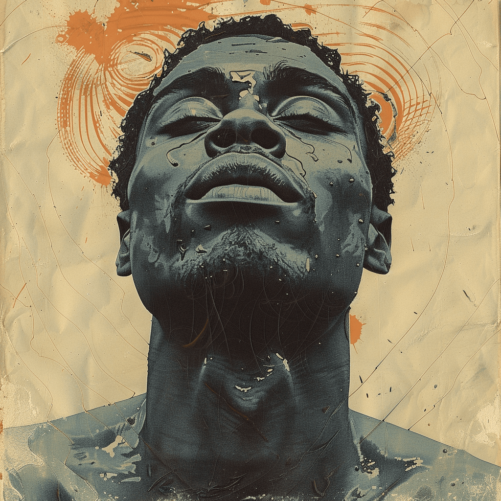 AI generated: drawing of a black/grey man, in the style of light amber and sky-blue, vintage cinematic look, india...