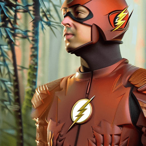 AI generated: "The Flash is standing in a majestic forest filled with orange trees and leaves. He is wearing a ful...