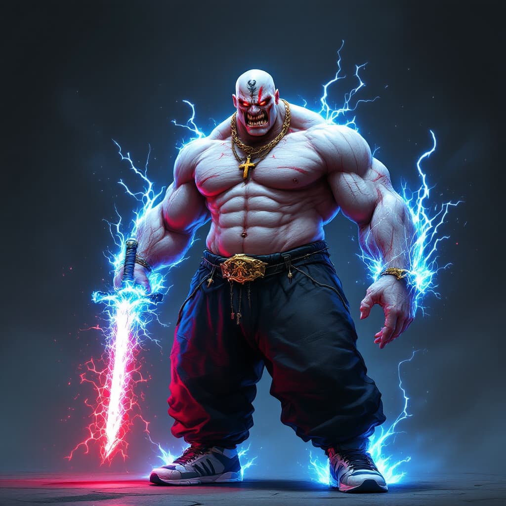 AI generated: A towering man, standing at 2 meters tall with pale, reddish skin that glows with an intense, energy...