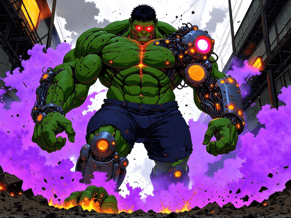 AI generated: A towering, muscular figure, massive and Hulk-like in stature, stands amidst a swirling haze of vibr...