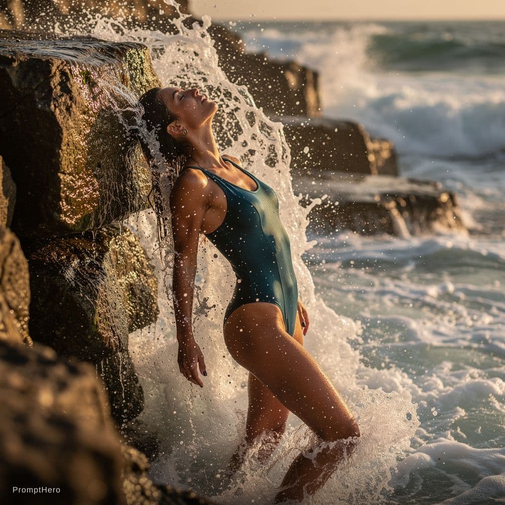 AI generated: A photorealistic, full-body shot of a naked woman standing in the surf at a rocky coastline, capture...