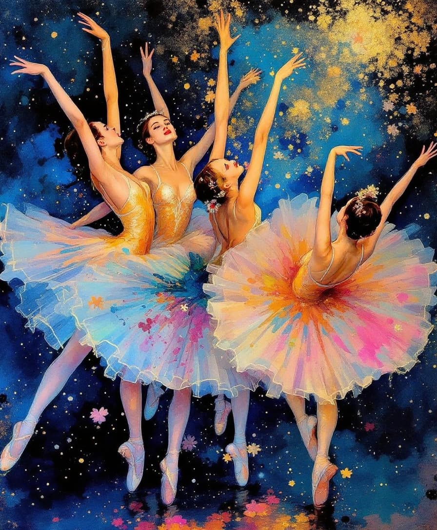AI generated: Masterpiece), (( ""Four Ballerinas on Stage, 1890, Edgar Degas ""))), Inspired by the style illustra...