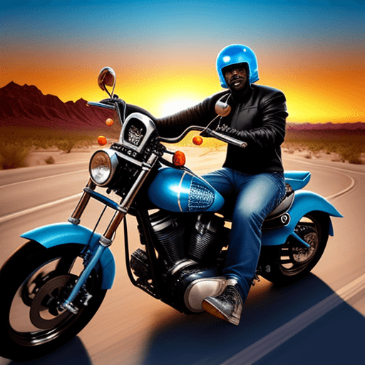 AI generated: African-American man riding a blue custom chopper motorcycle down a desert highway during sunset
