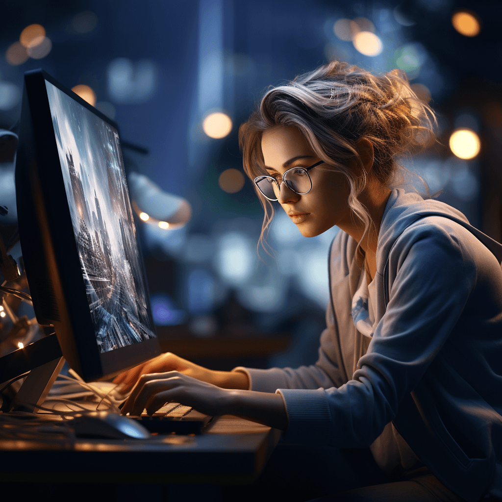 AI generated: photography of women ,computer on background ,realistic, unreal engine, octane render, bokeh, vray, ...