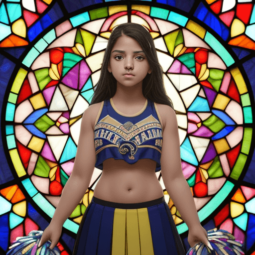 AI generated: Festival, Latino, 2023, Hightstown, NJ, Rams, cheerleader, kids, stained glass art, mosaic-stained g...