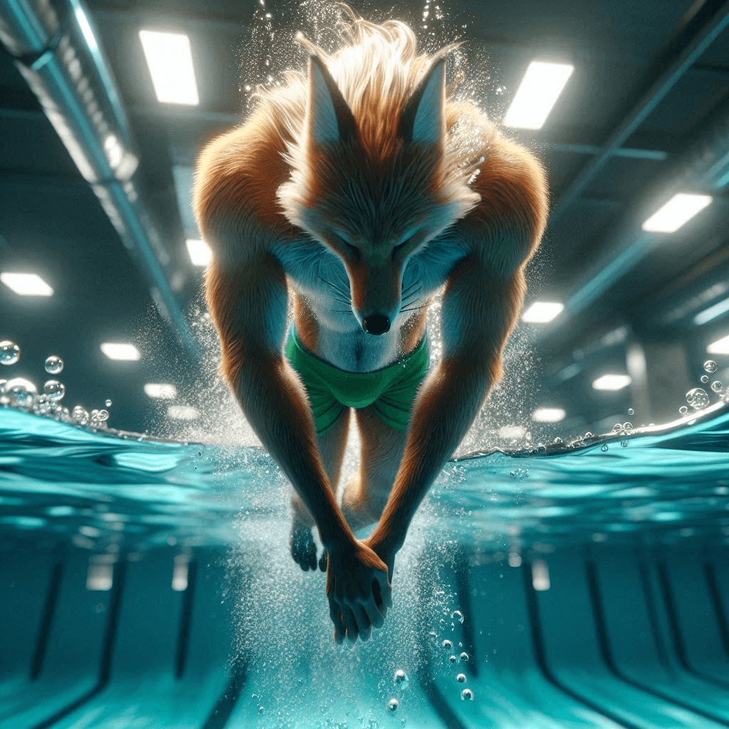 AI generated: Close-up professional cinematic 3D animation of a long-furred fox man diving gracefully into the ind...