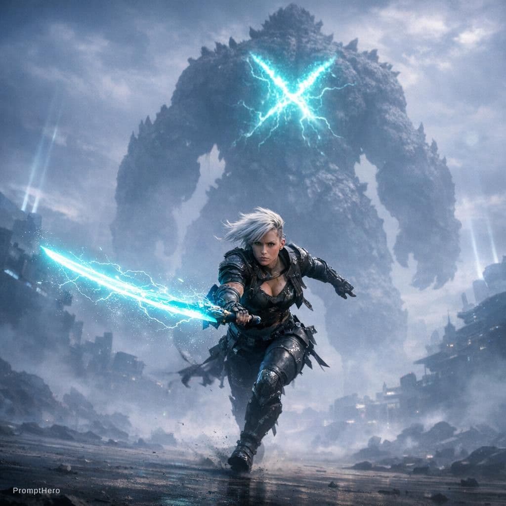 AI generated: Dramatic epic science fiction scene, wide shot, full-body visible with clear space around the subjec...