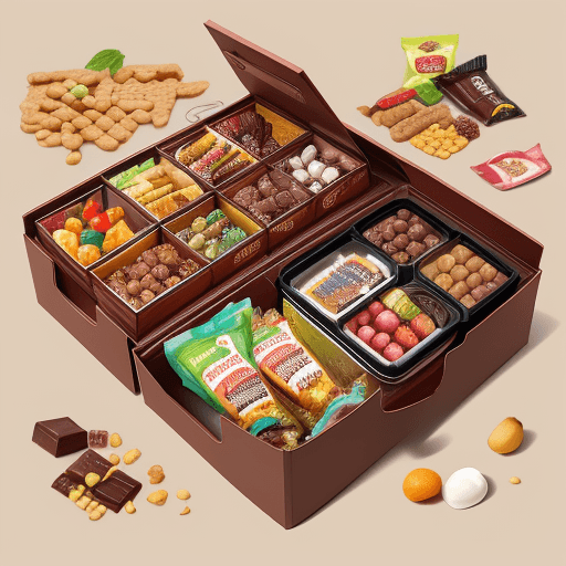 AI generated: A brown snackbox that contains a cover with various food items inside of it such as sweets, fruits, ...