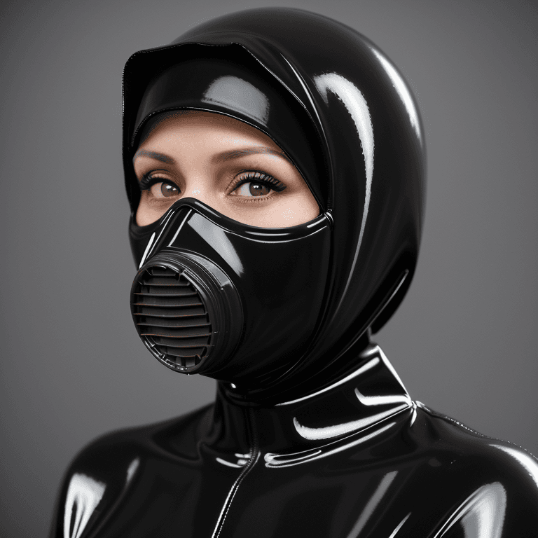 AI generated: hyper realistic headshot photo of a 40 year old woman, wearing a latex gas mask, a black latex prote...