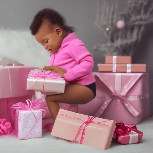 AI generated: High resolution photo of a baby opening a gift box, in the background many gifts scattered in pink b...