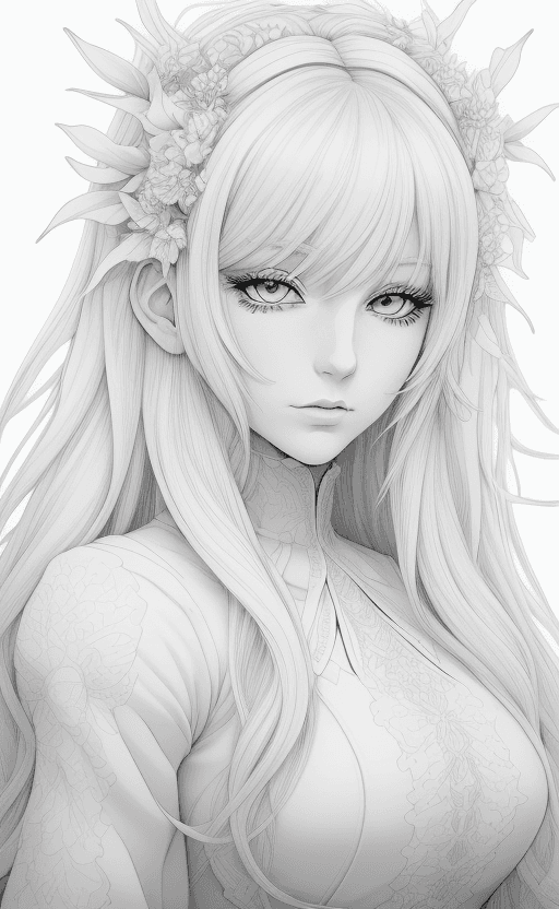 AI generated: coloring page Anime portrait clean line art, black pen line high detail,,wild dynamic white hair, wo...