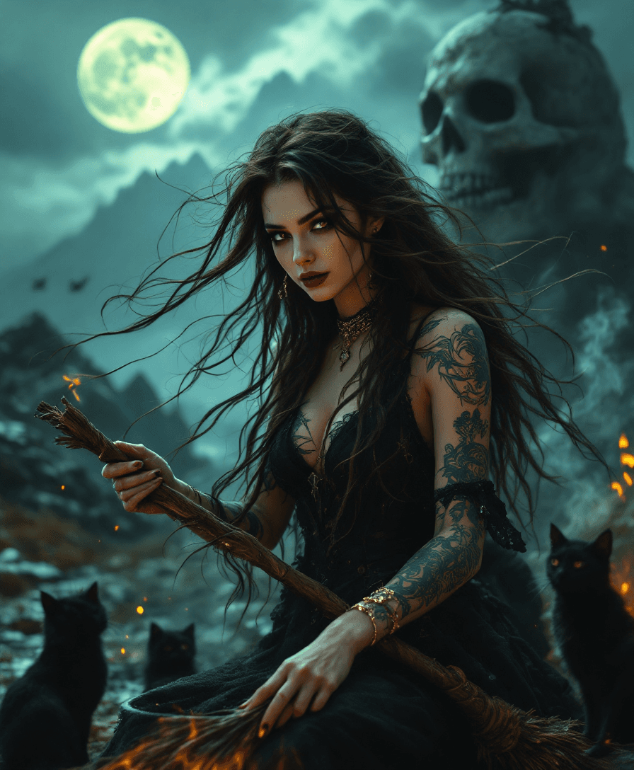 AI generated: A photorealistic, ((UHD)) studio quality portrait of a beautiful brunette witch with extremely long ...
