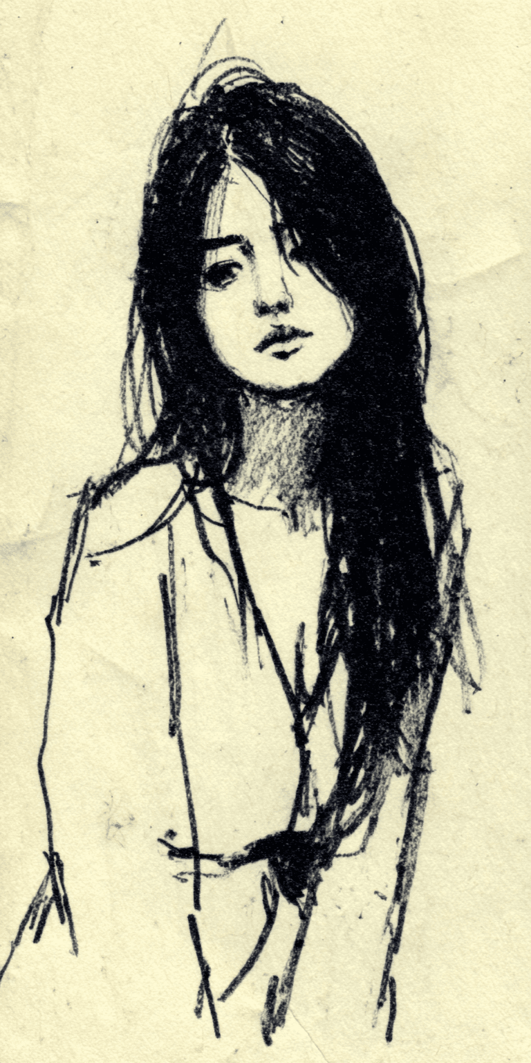 AI generated: A hand-drawn illustration of a woman with long black hair, cartoon feel, urban street scene outside,...