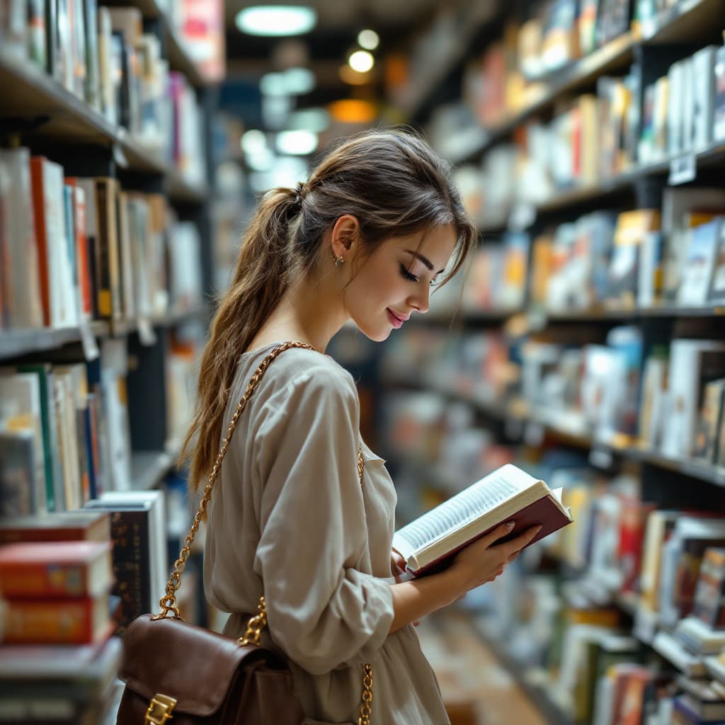 AI generated: Create an image of a hot woman crouched down browsing a book in a cozy bookstore. She has long, ligh...