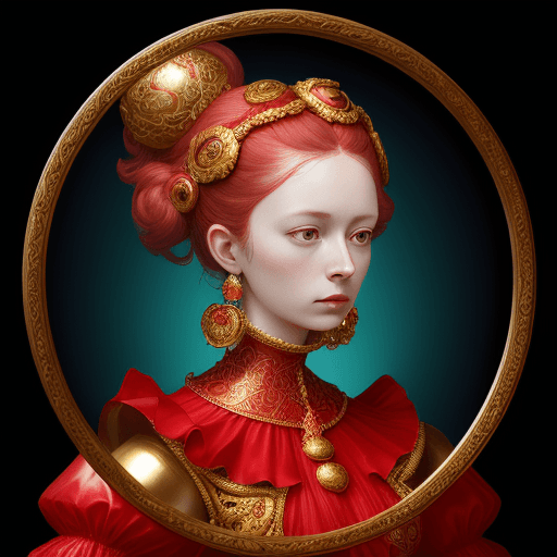 AI generated: a female in a red outfit standing, light cyan and gold, digitally manipulated images, spherical scul...
