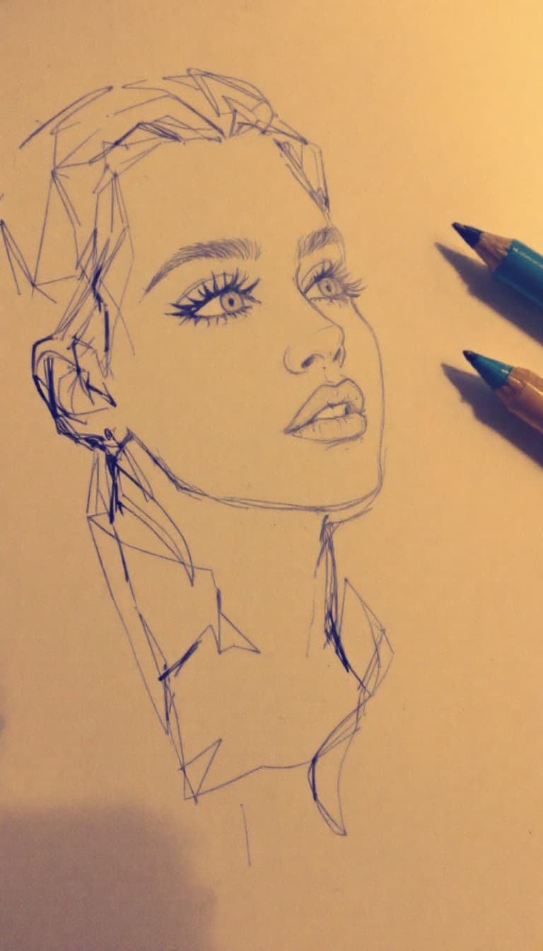 AI generated: girl, blue pen drawing, sketch