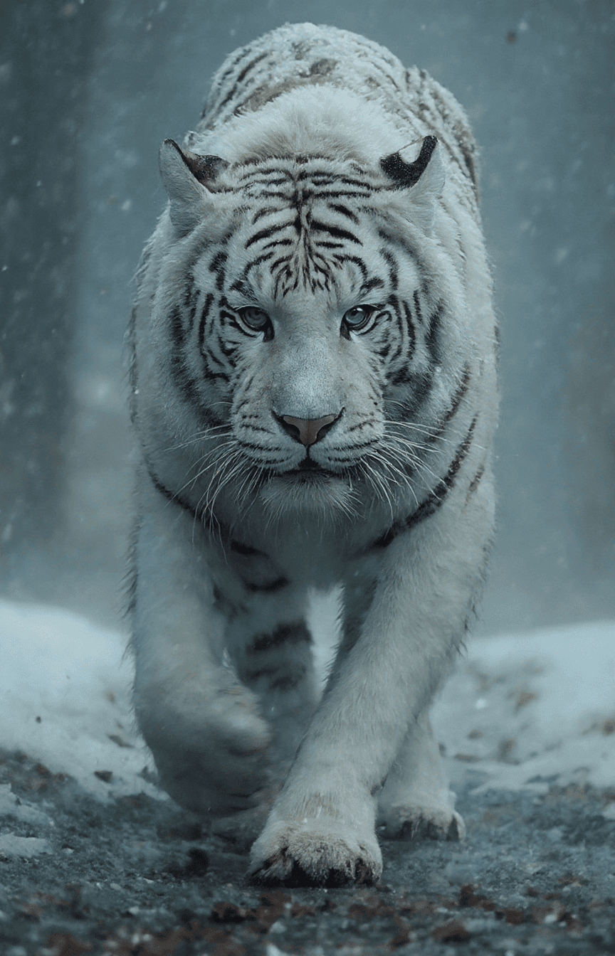 AI generated: The image captures an intense close-up of a white tiger walking toward the viewer, with a direct gaz...