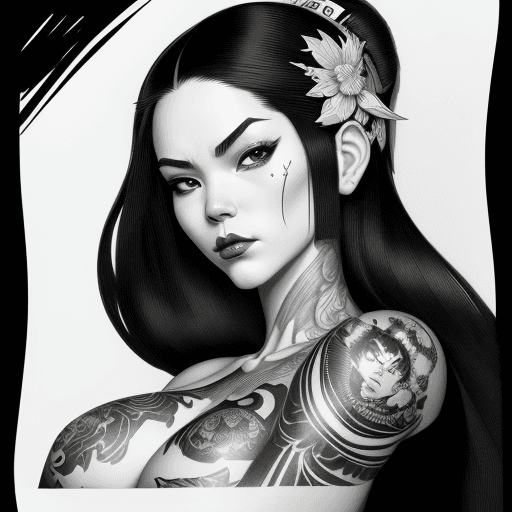 AI generated: black and white illustration in the form of a tattooed geisha with flowing hair, in the style of mar...