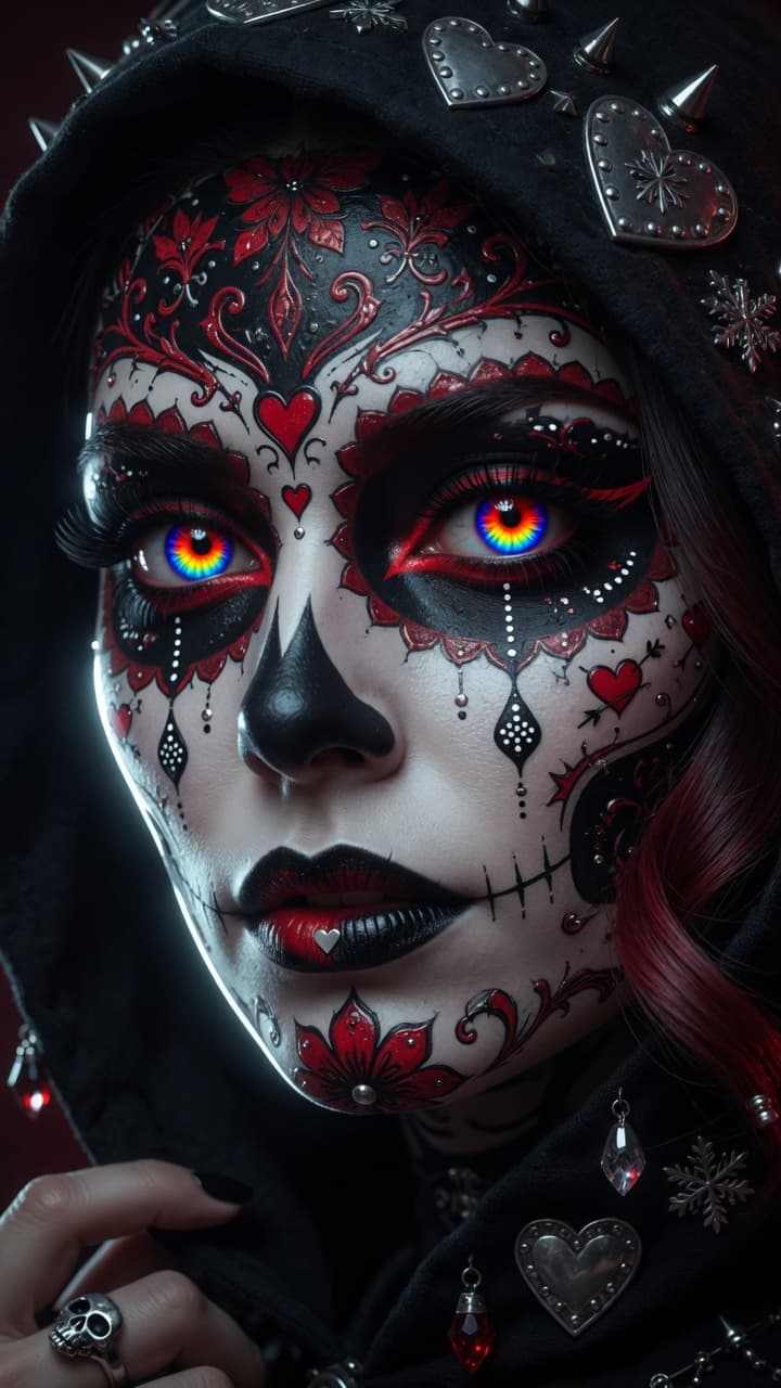 AI generated: A hyper-detailed cinematic close-up portrait of a mysterious woman with pale porcelain skin, wearing...