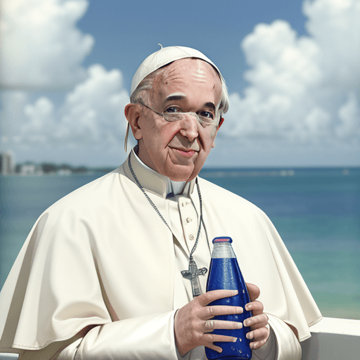 AI generated: Pope Francis in 80s Miami Style with a bottle of pepsi in hand --ar 9:16