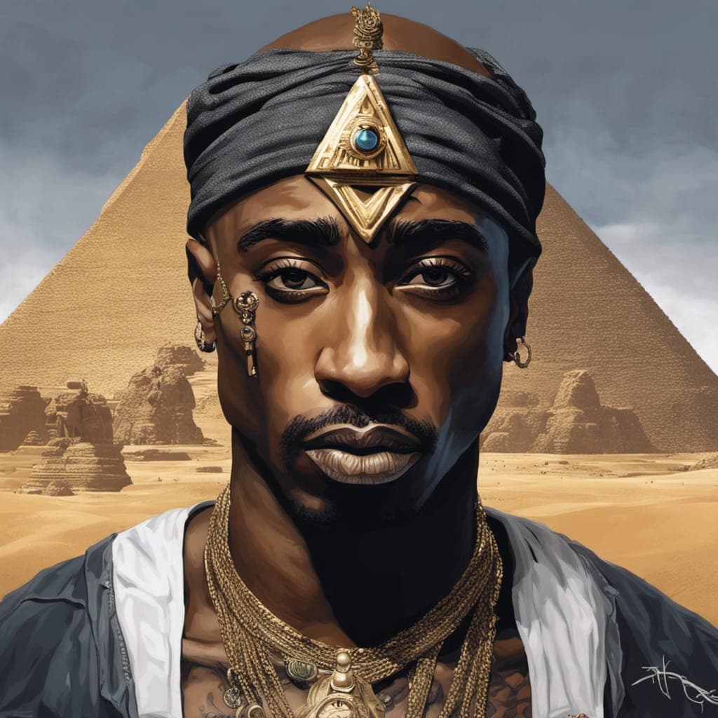 AI generated: portrait the American Rapper Tupac Shakur, egyptian pharoah with cyberpunk, black, pyramid, hyperdet...