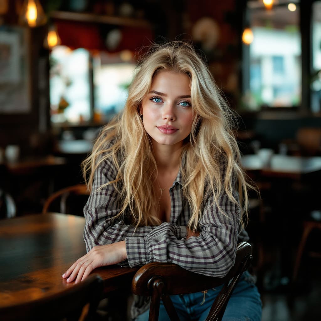 AI generated: a blonde woman with long hair leans on a chair, in the style of social media portraiture, earthcore,...