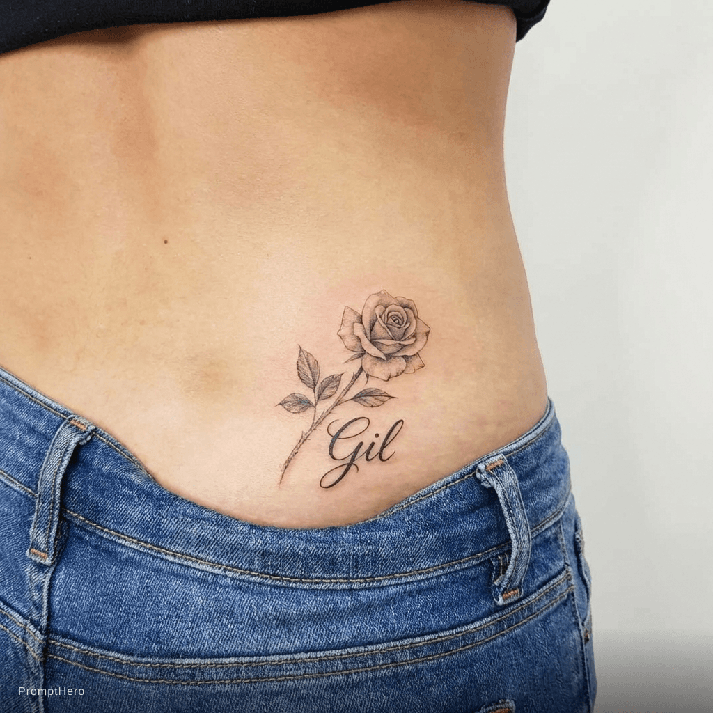 AI generated: Small rose , left but check with name Gil in cursive 