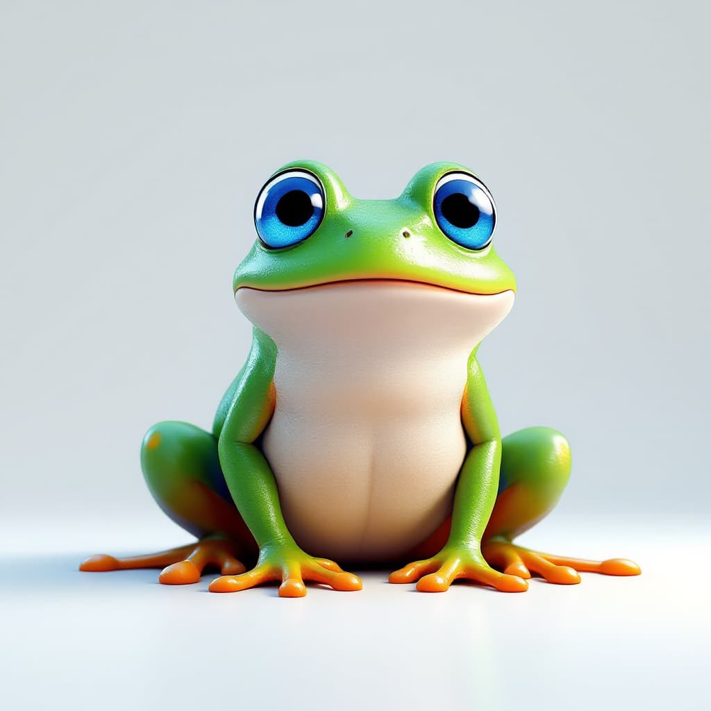 AI generated: Fat frog in cinema3d with big blue eyes in style of Pixar with neon green skin on white background c...