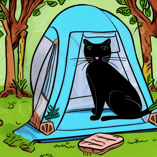 AI generated: vector illustration view is inside of the tent looks black cat, lake and forest