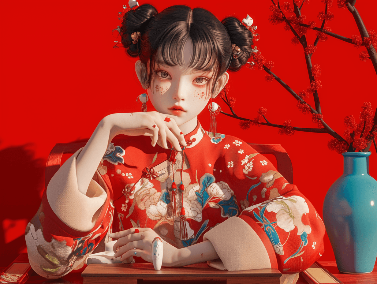 AI generated: 3D art, C4D, IP image, full-frontal portrait, a Chinese girl with black hair, wearing traditional Ch...