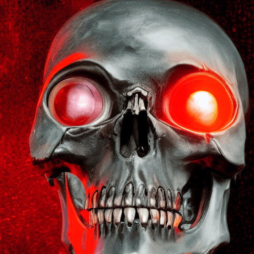 AI generated: A human cyborg skull with skin made of metal plating and rivets, suspended from cables, centered in ...