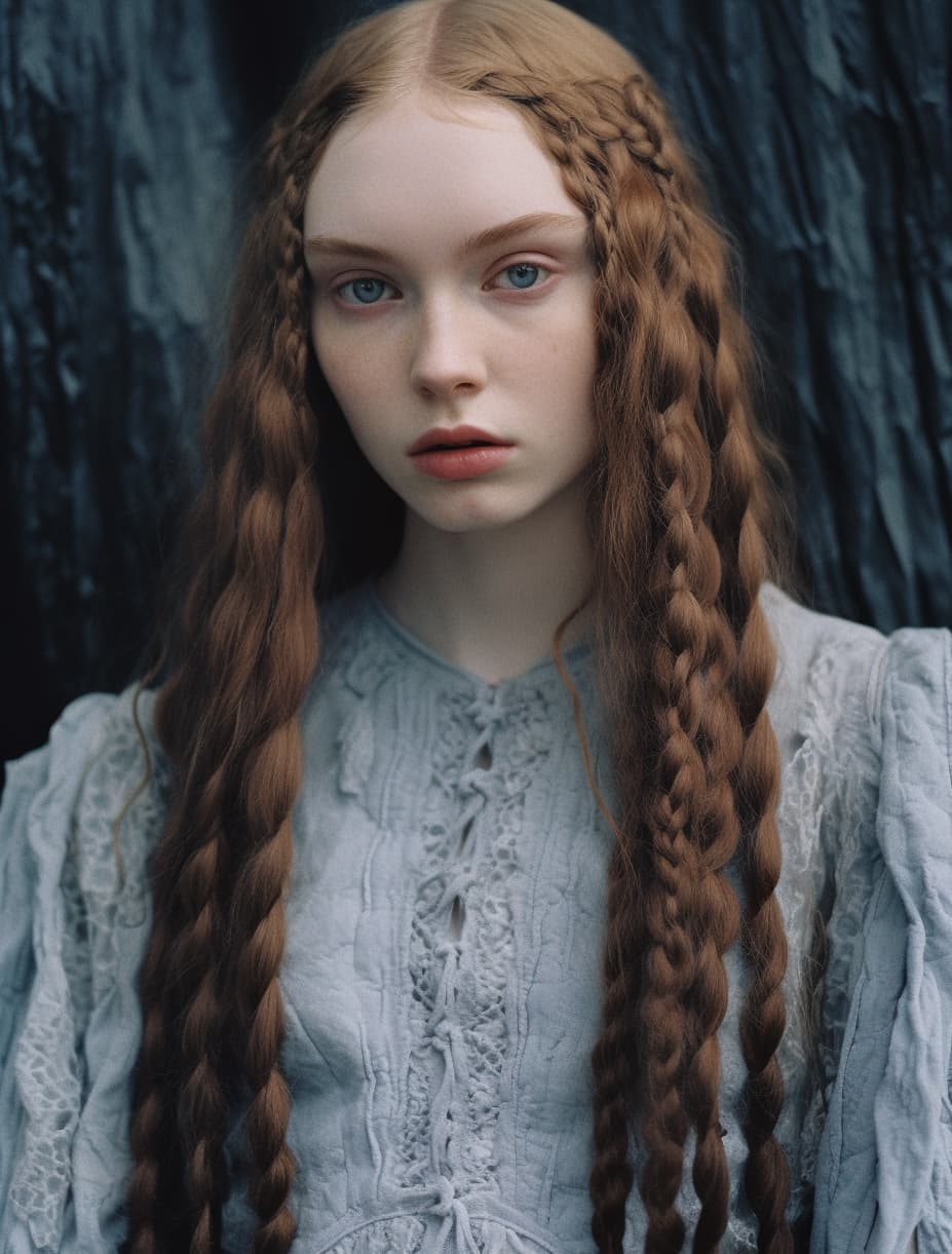 AI generated: a woman in a crocheted dress poses for a picture, vman magazine, pale skin!, 18 ears old girl, cover...