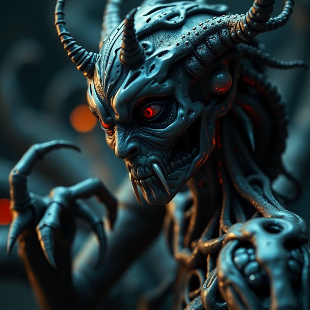 AI generated: slimy,creepy female cyborg demons,different full body modelposition, high detailed cinematic backgro...