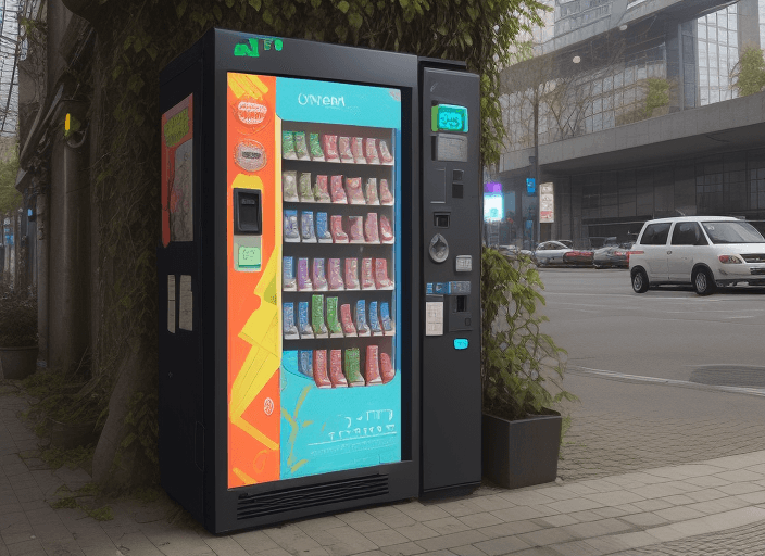 AI generated: overgrown vending machine in a smart City - offering [ui!] AGORA, [ui!] UrbanPulse, [ui!] ANALYTICS,...