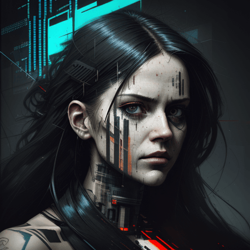 AI generated: hyperrealistic portrait of a determined woman with long hair, gritty, cybernetics, digital ui, abstr...