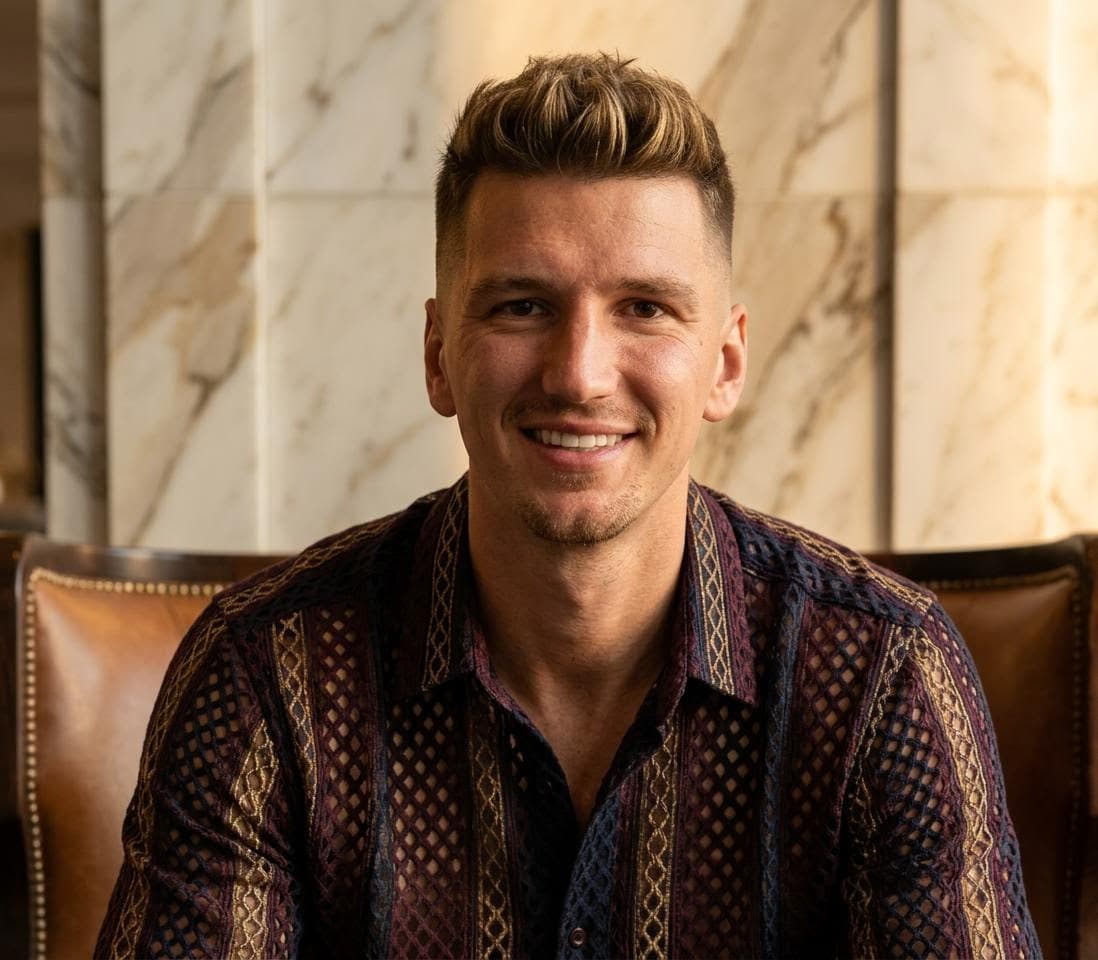 AI generated: Professional portrait of a 33-year-old white German man, golden dark/ blonde fade cut, broad shoulde...