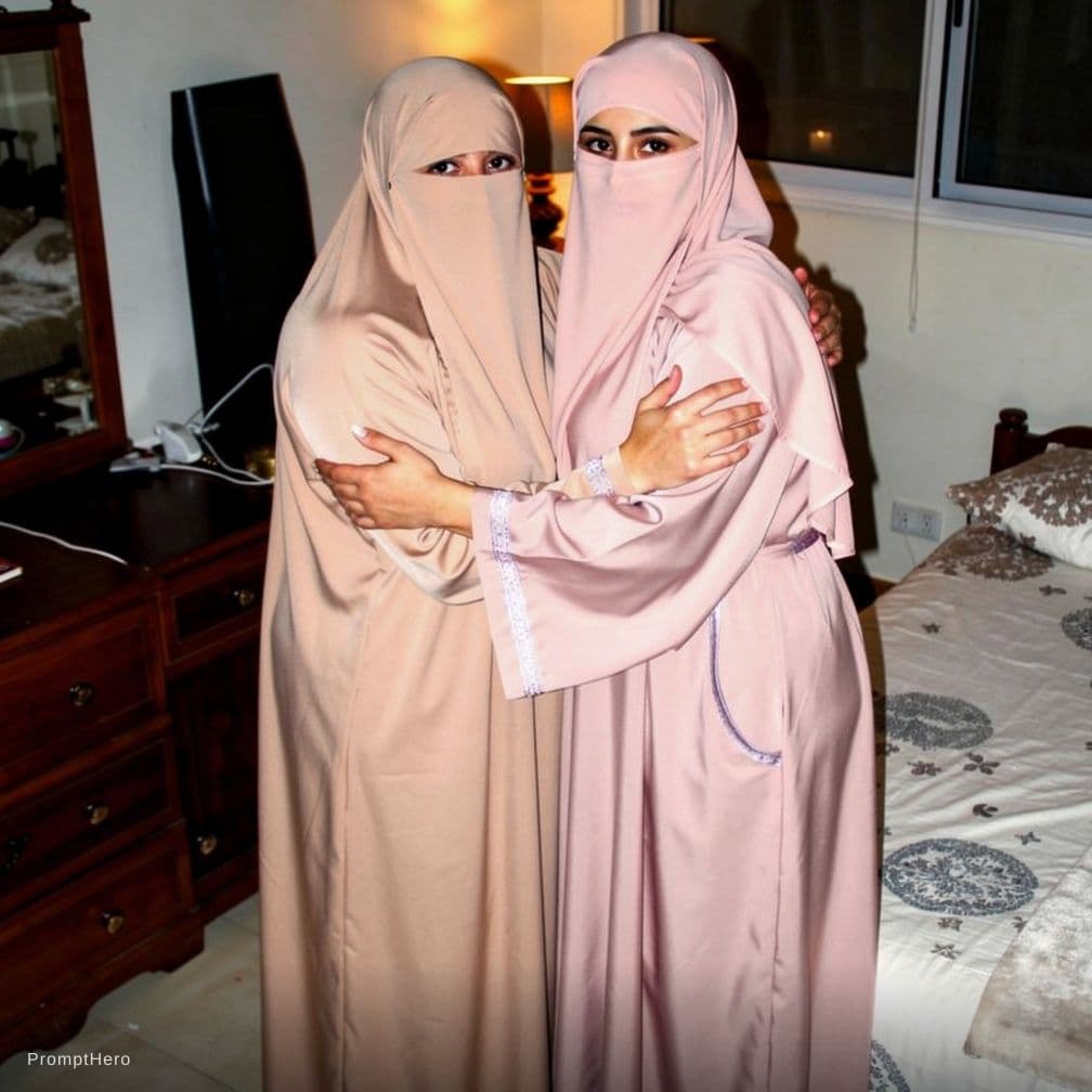 AI generated: Two niqab women 40 ages wears bra kiss on sexy scene
