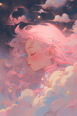 AI generated: Low angle, a dreamy anime character dissolving into swirling, pastel clouds, soft and delicate strok...