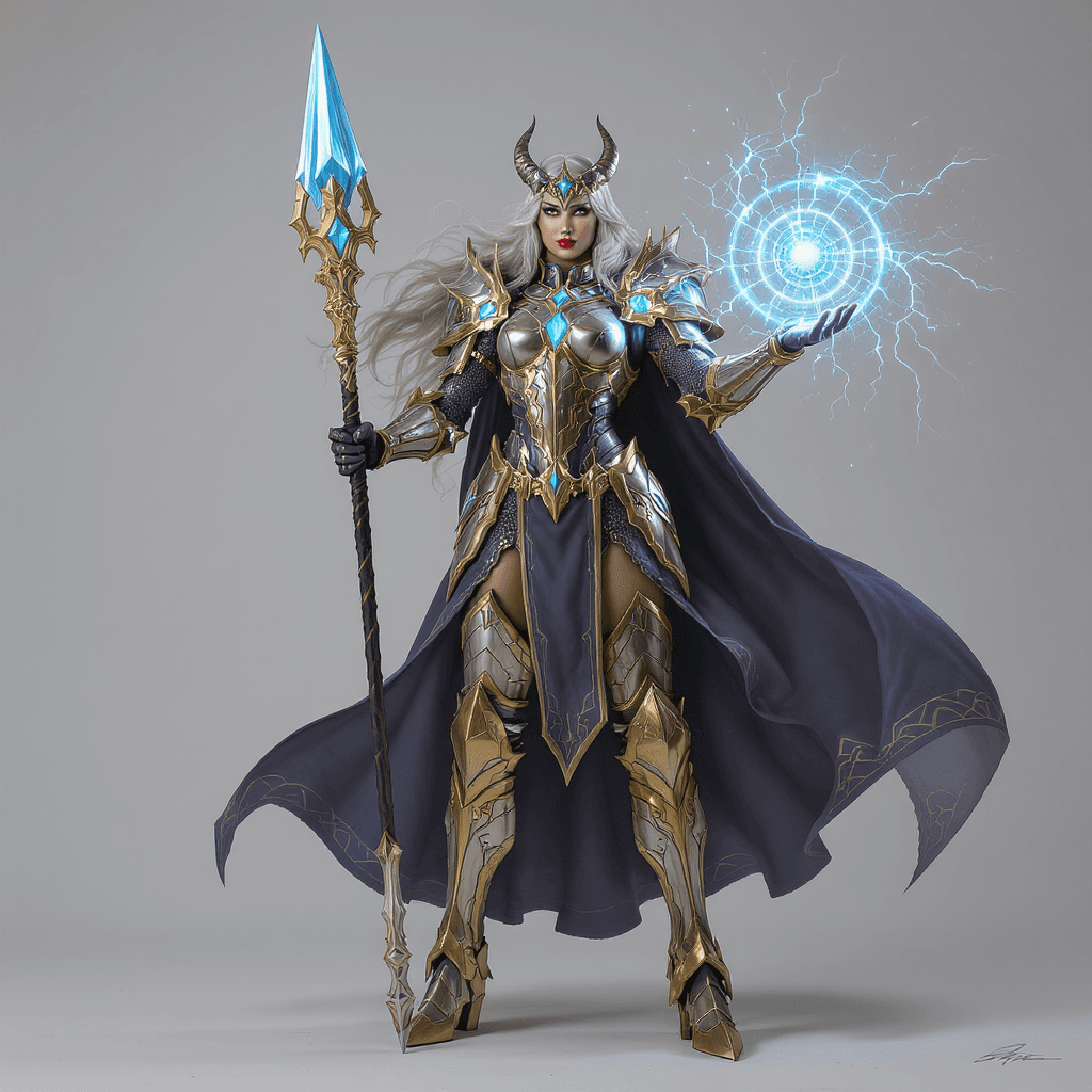 AI generated: An imposing female battle-mage stands facing forward in a neutral, studio-like space with a diffuse ...
