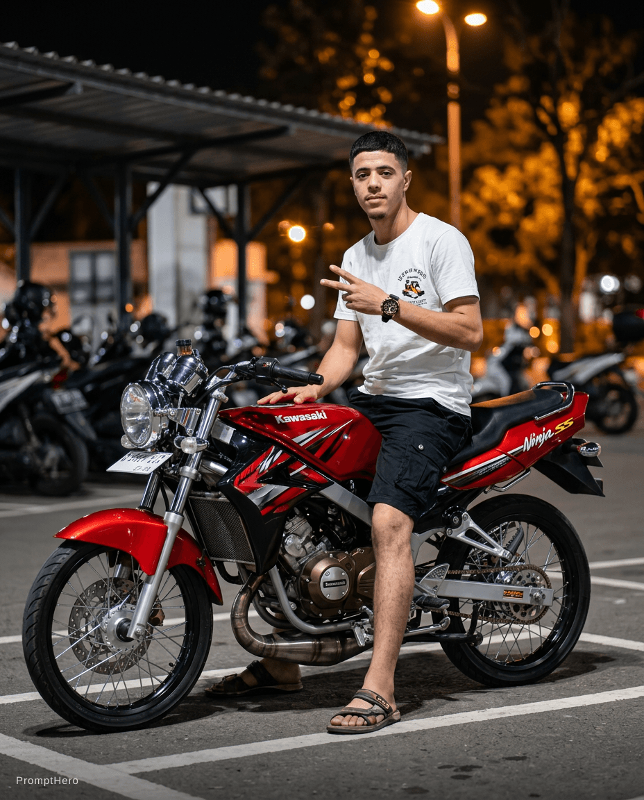 AI generated: A young man sits sideways on a red motorcycle in an urban parking area at night. The pose appears re...