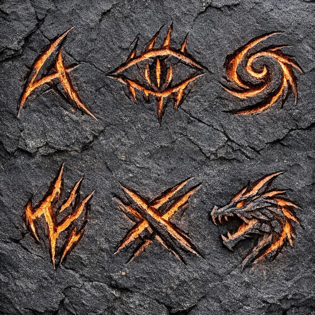AI generated: create some new symbols that look like a dragon carved them in to black stone 