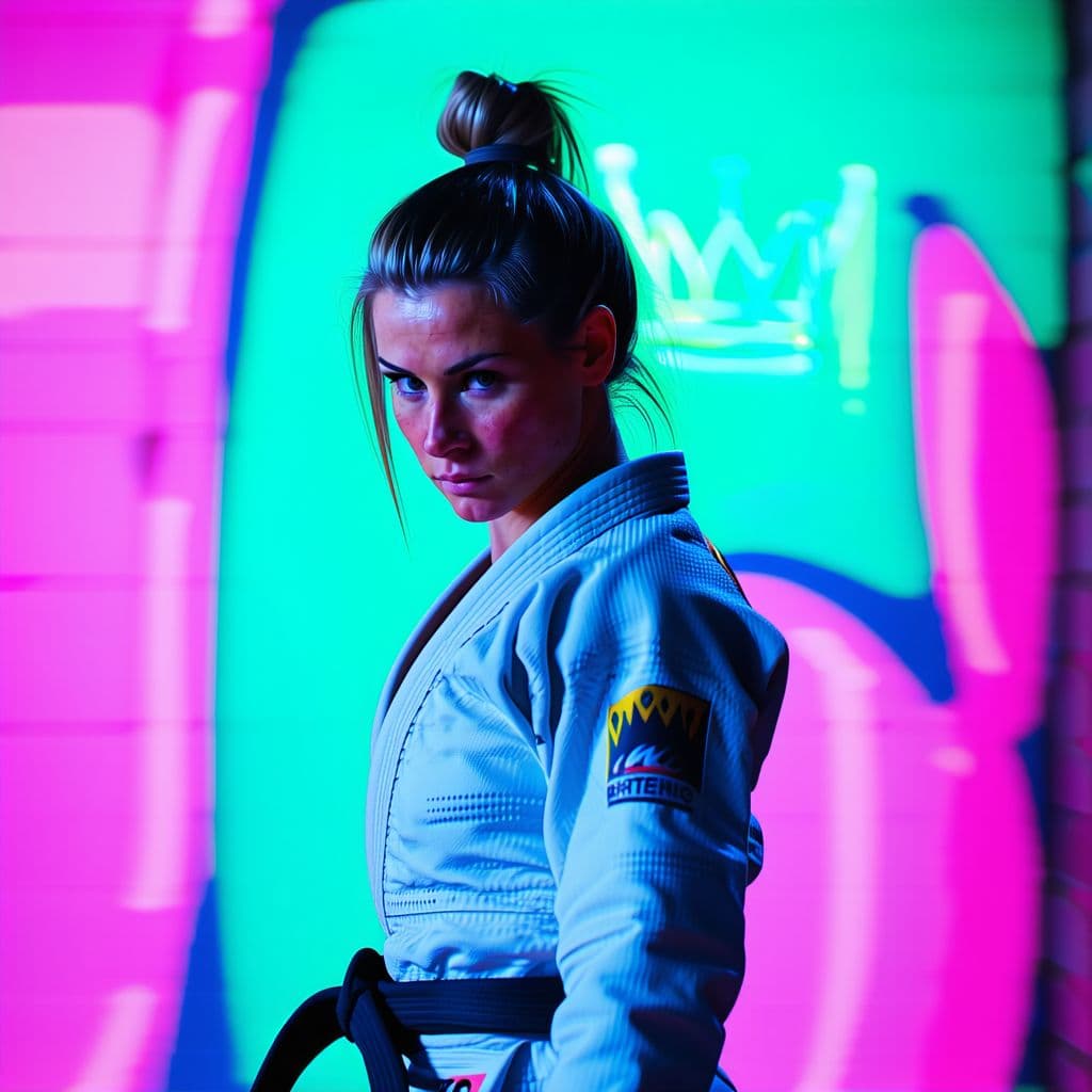 AI generated: A female jiu-jitsu athlete surrounded by graffiti-style motion trails in neon pink, teal, and lime g...
