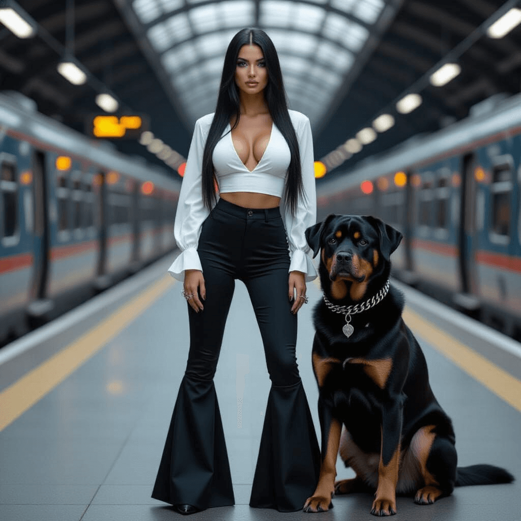 AI generated: Hyper realistic picture of a stunning thin female, long legs, standing at a train station with a sit...