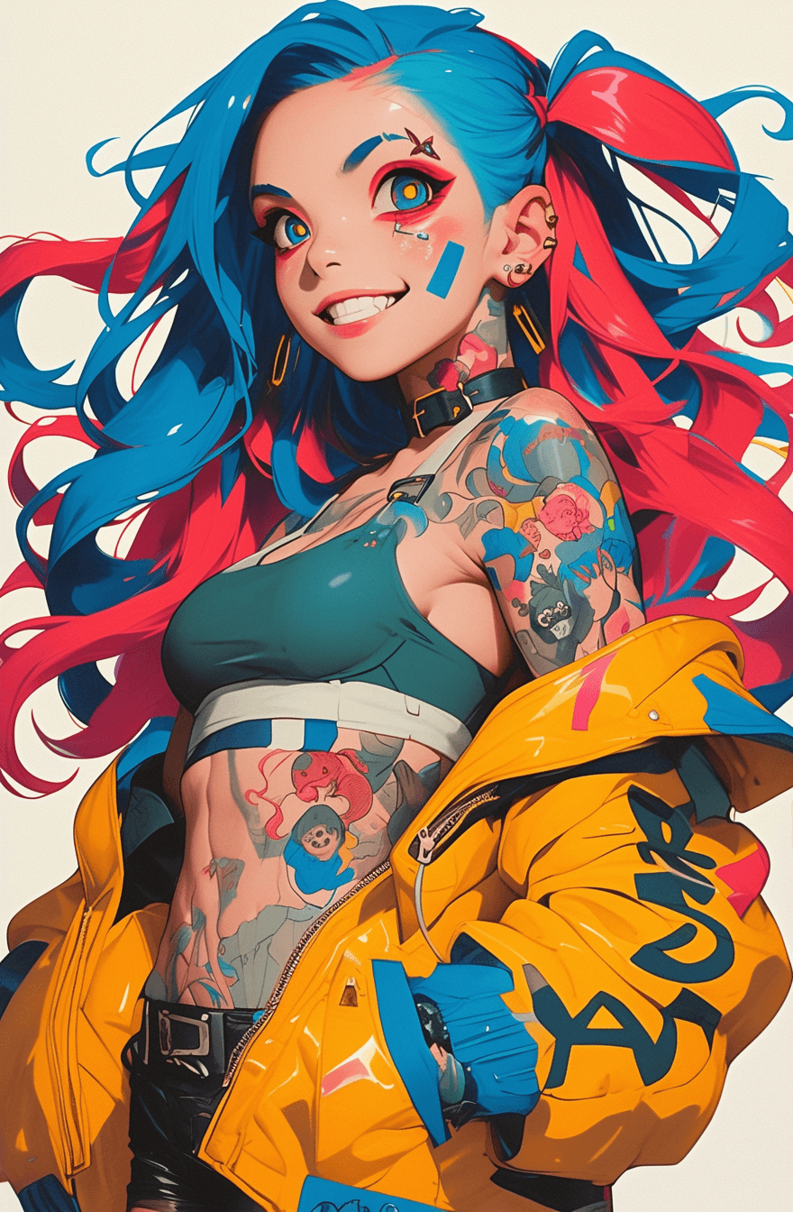 AI generated: Animestyle illustration of a female character with red and blue hair, wearing colorful tattoos on he...