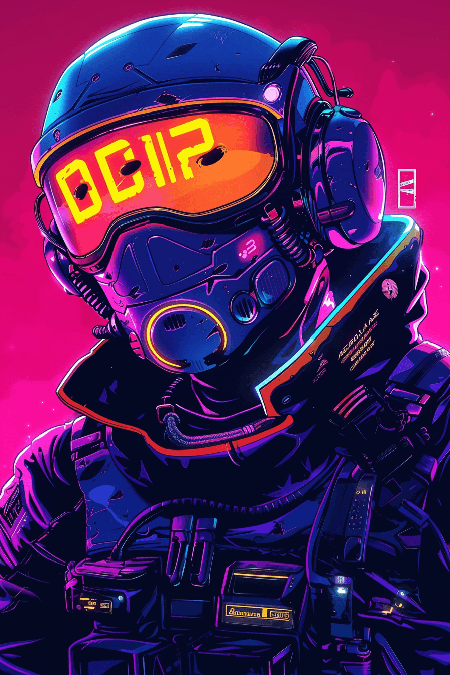 AI generated: Use neon synthwave colors such as purple, royal blue and black and use cartoonish art style to creat...