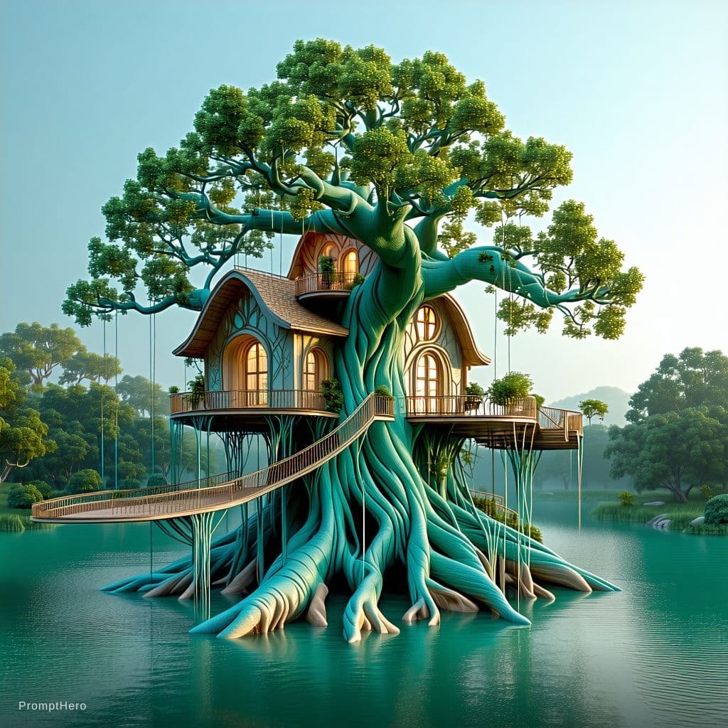 AI generated: the Angel Oak tree house, intricate ornate treehouse in a amazing gigantic turquoise Angel Oak, on t...