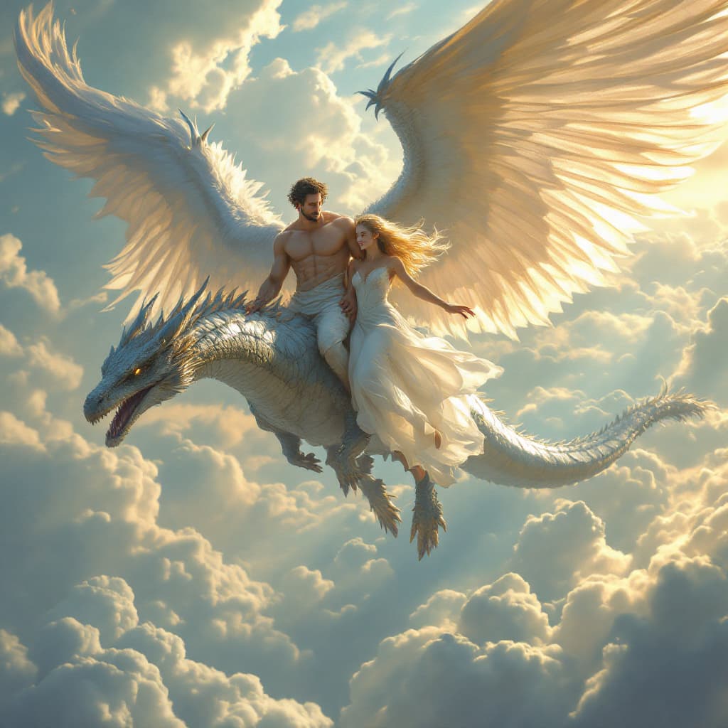 AI generated: A breathtaking scene in the sky with the hero and his elven wife flying side by side. The hero, a ta...